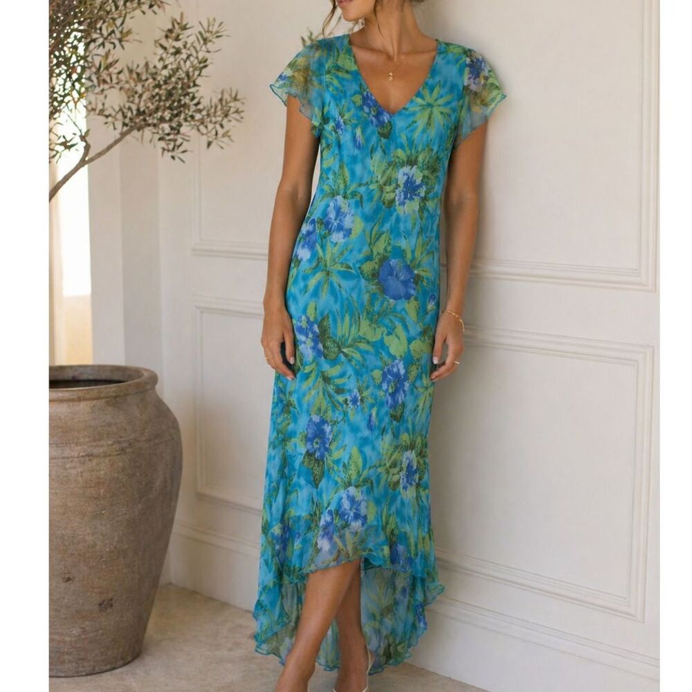 Robbie Bee Teal and Blue Floral V-Neck Hi-Low Midi Dress